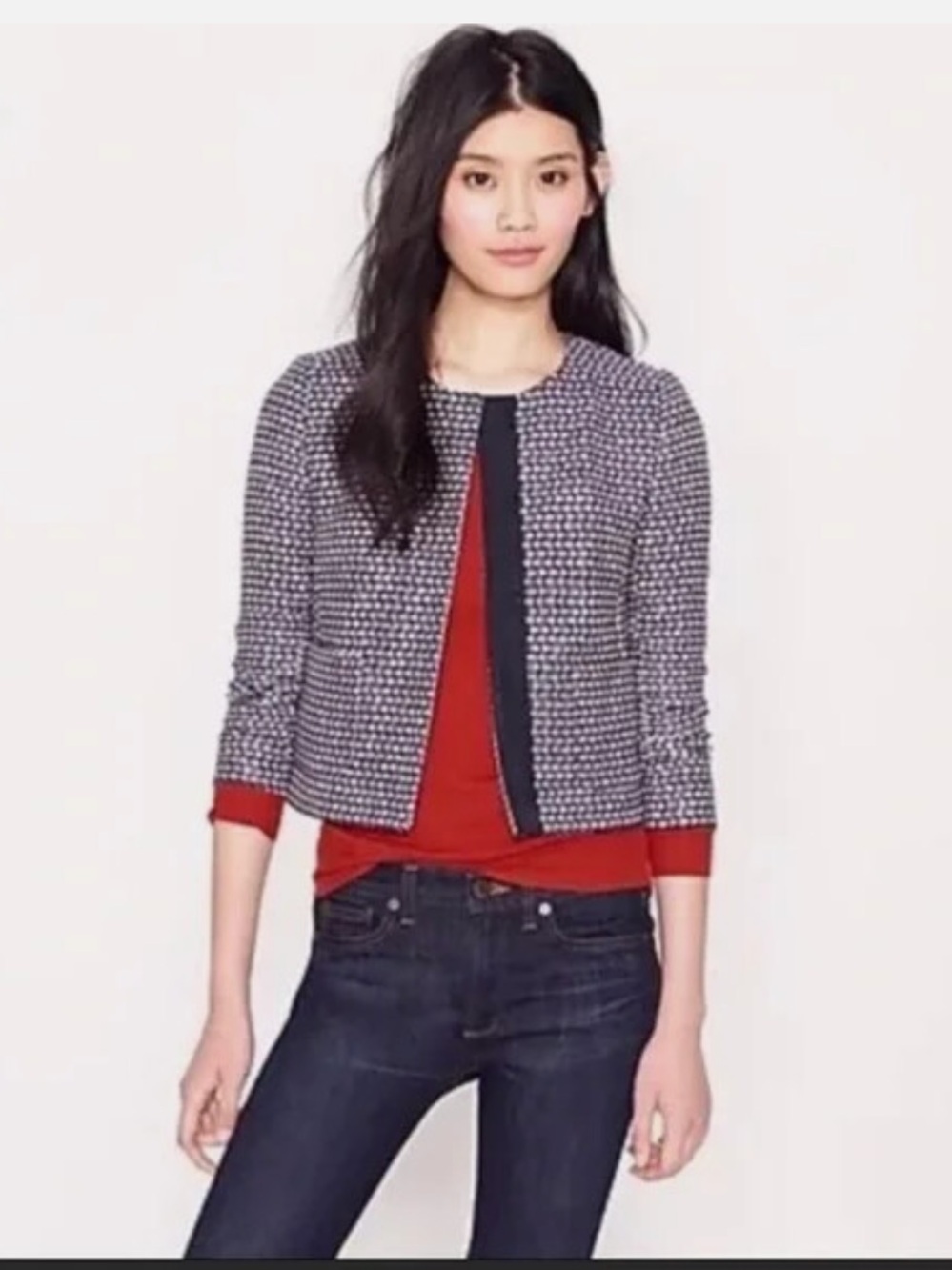 J. Crew Metallic Navy Silk blend Tweed collarless blazer size 0